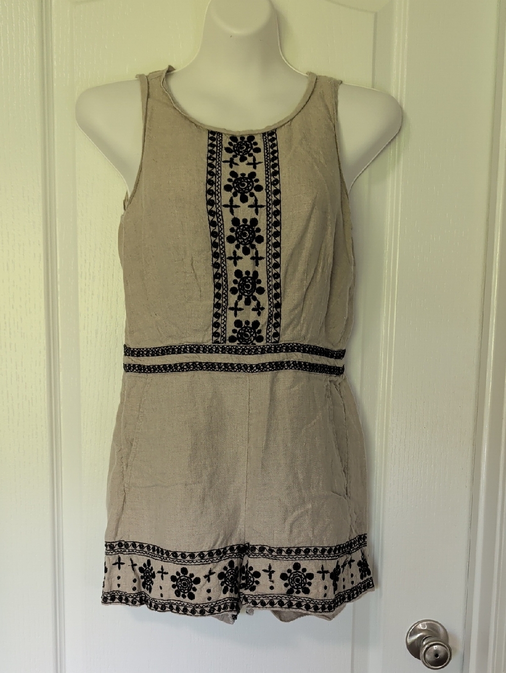 LOFT Beige Romper with Black Embroidered Trim Linen